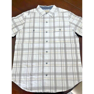 Old Ranch Grey White Plaid Organic COTTON BUTTON Short Sleeve Shirt Medium
